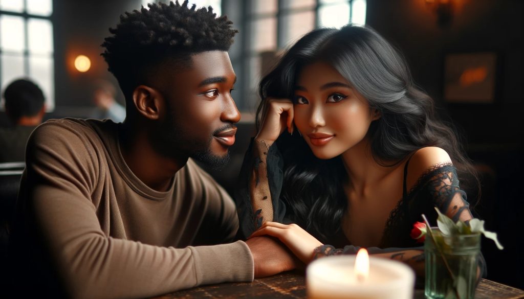 couple sitting in restaurant holding hands