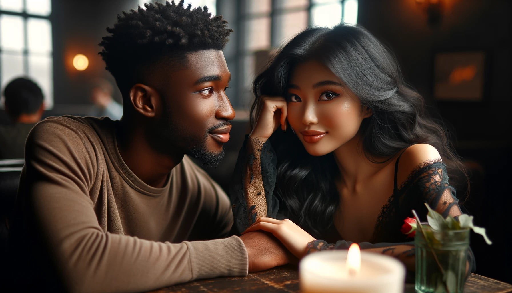 couple sitting in restaurant holding hands